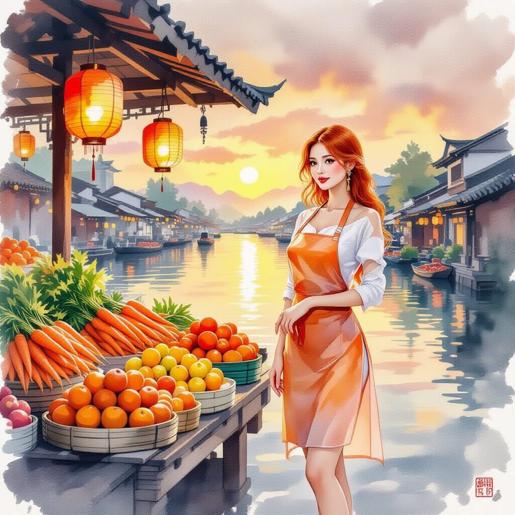 Serene Asian Floating Market at Sunset