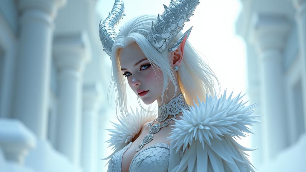Icy Demon Lady in Regal White Attire