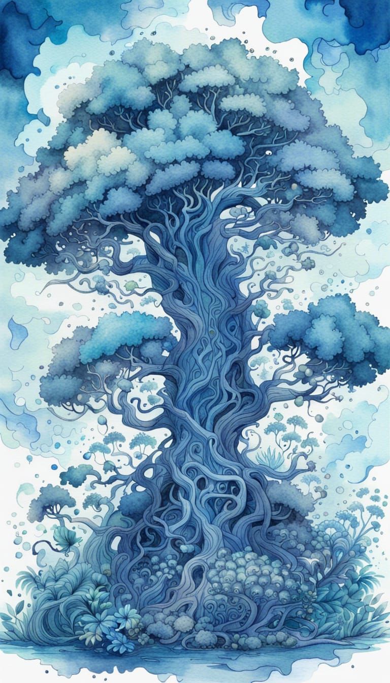 Blue Fantasy Jungle Tree in Watercolor Ink