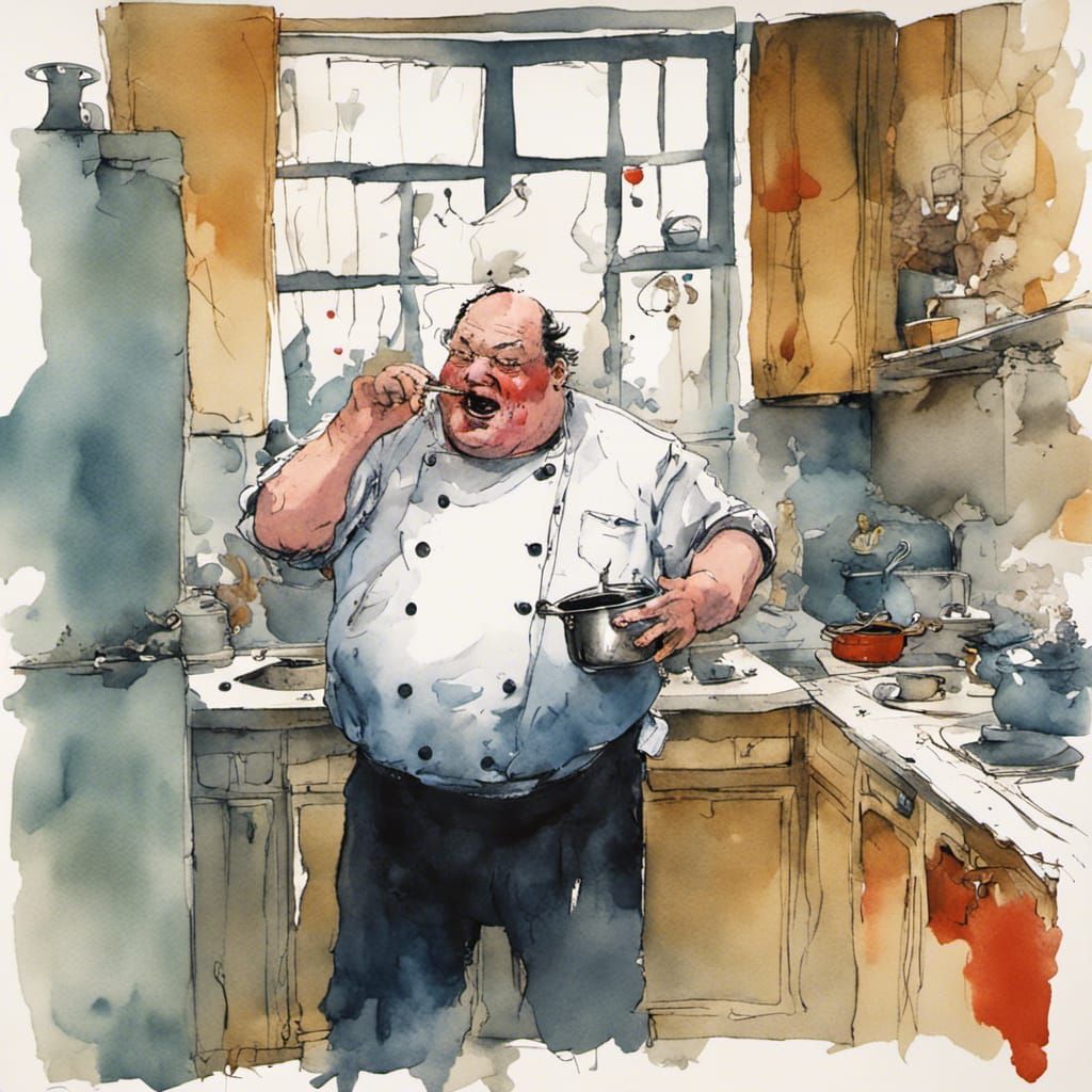 Sweaty Chef Licking Fingers, Watercolor Illustration