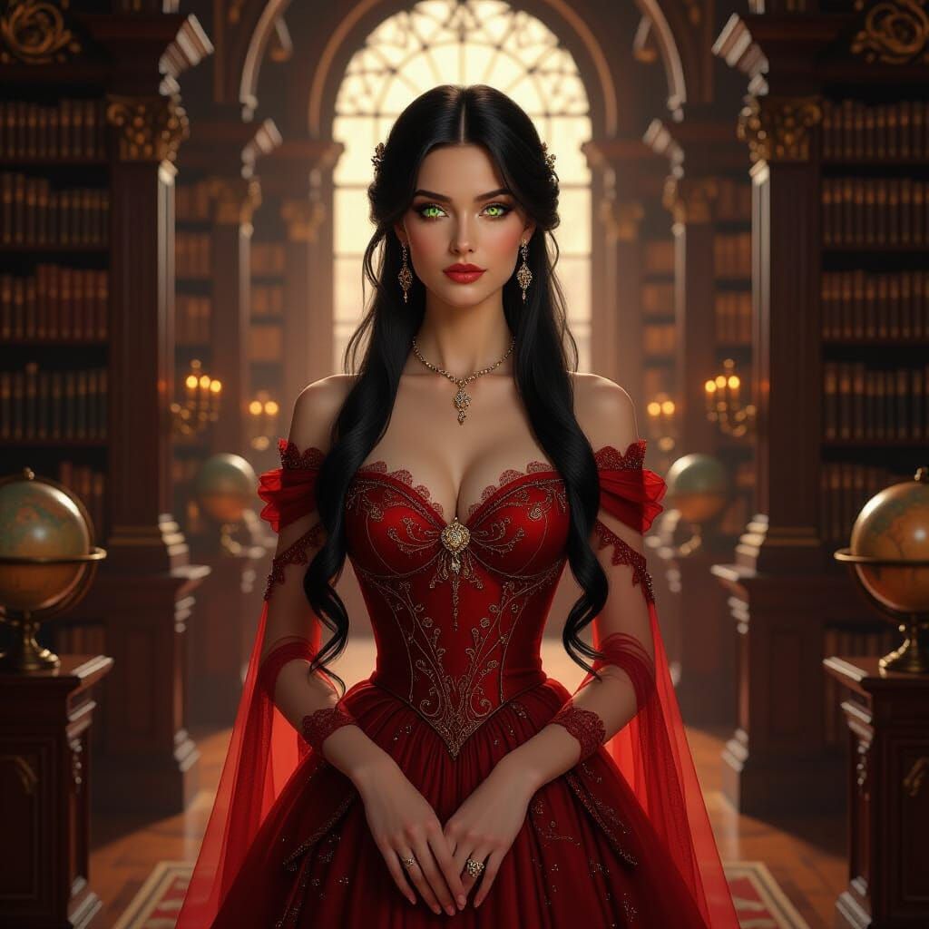 Victorian Lady in Library, Hyperrealistic Art Nouveau Style