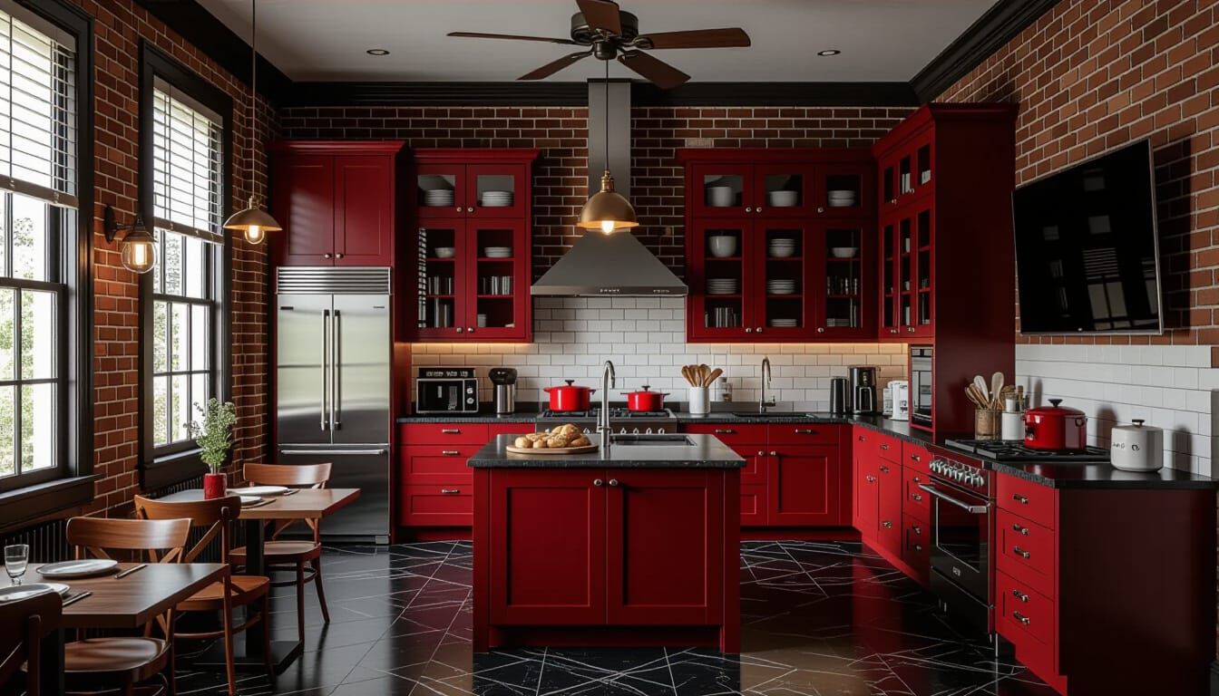 Victorian Kitchen with Modern Appliances in Dark Red