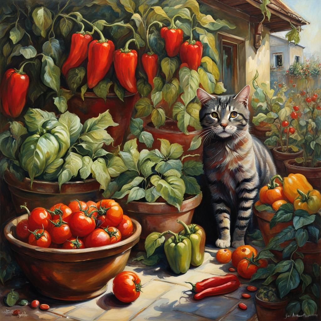 Lush Potted Vegetable Garden with Cat