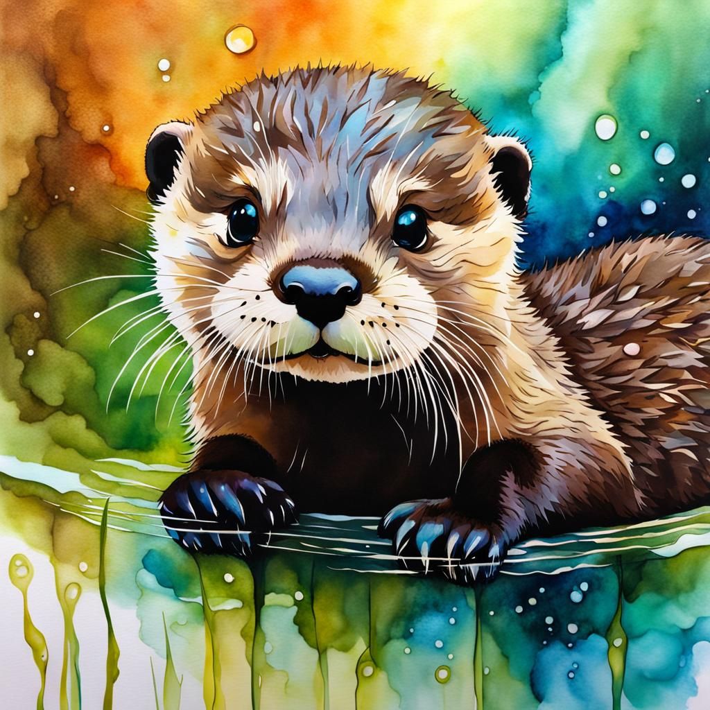 Adorable Baby Otter Alcohol Ink Painting