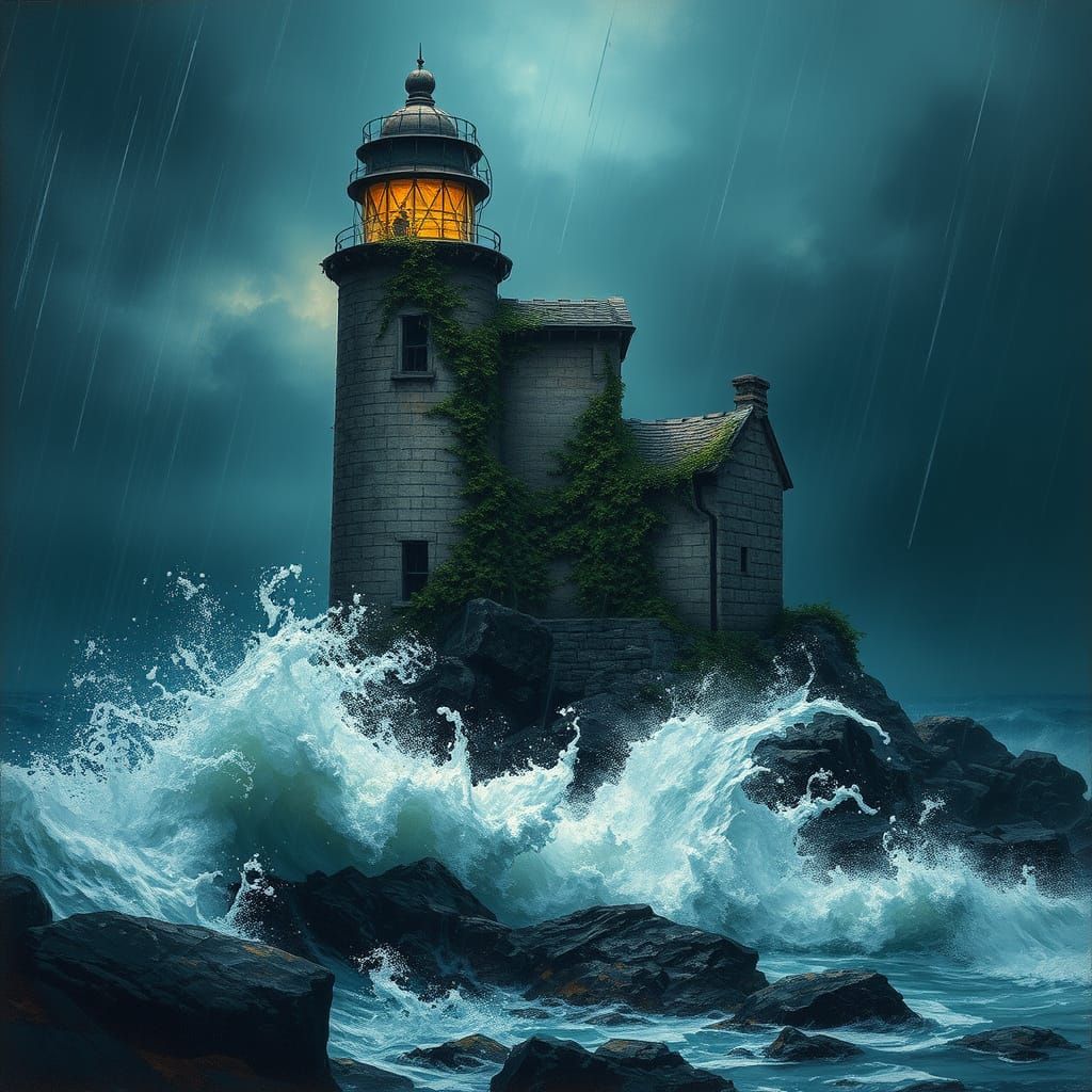 Stormy Lighthouse in Dramatic, High-Contrast Style