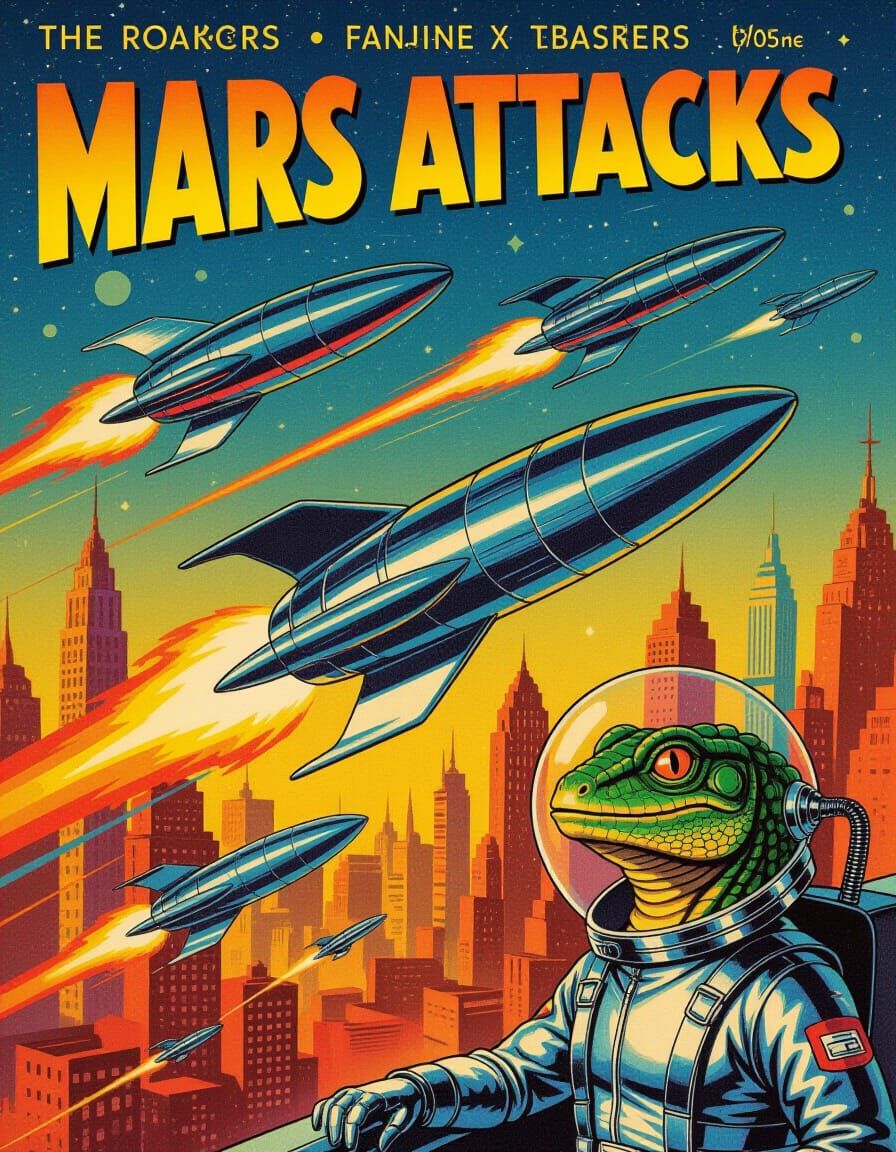 Retro-Futuristic Alien Ships Over Atomic City