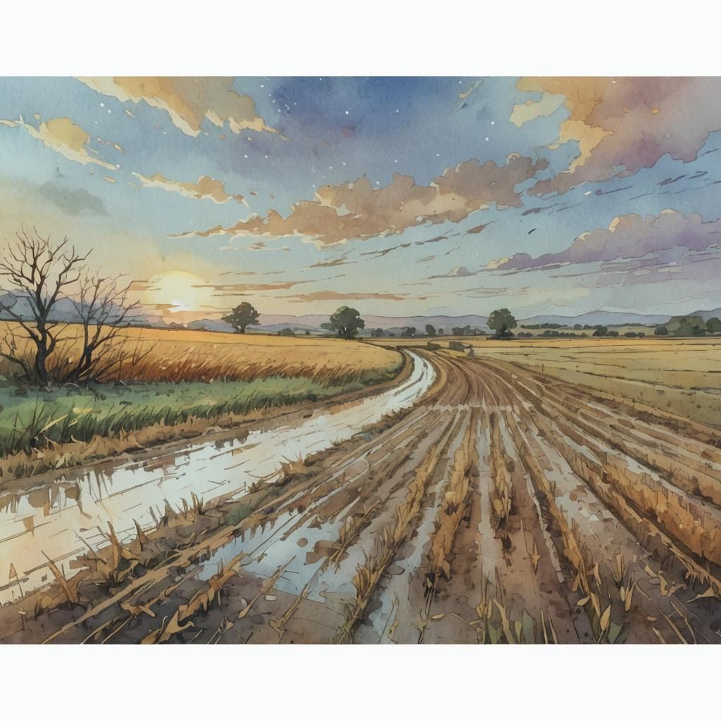 Watercolor Comic Book Fields at Sunset