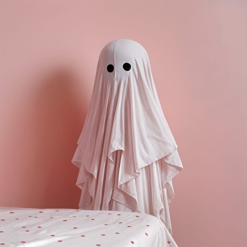 Pink Ghost on Beach with Nutcracker and Mushrooms