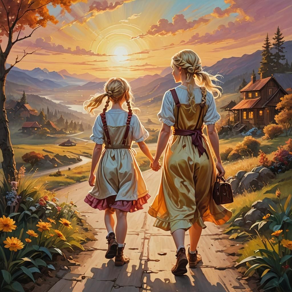 Ethereal Sunrise: Fantasy Oil Painting of Mother and Child