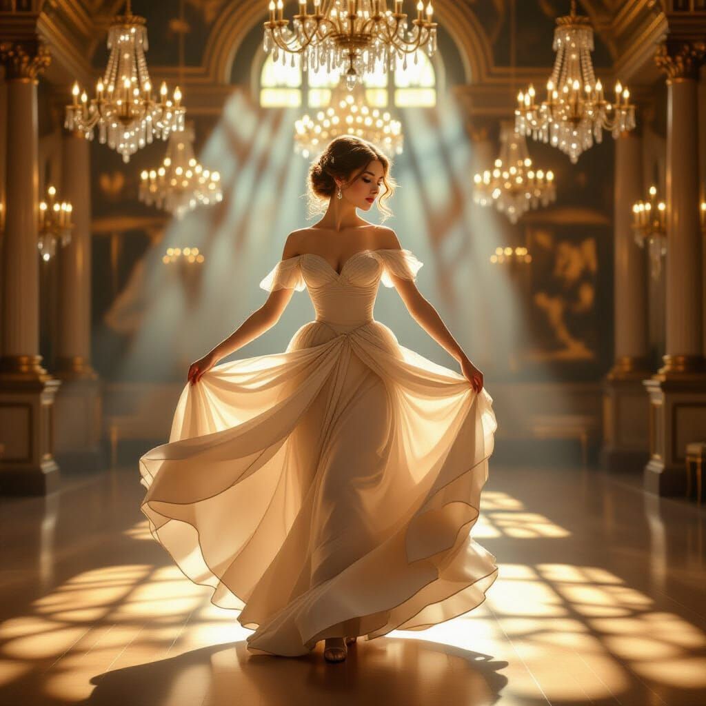 Elegant Woman Dancing in Sunlit Ballroom Oil Painting