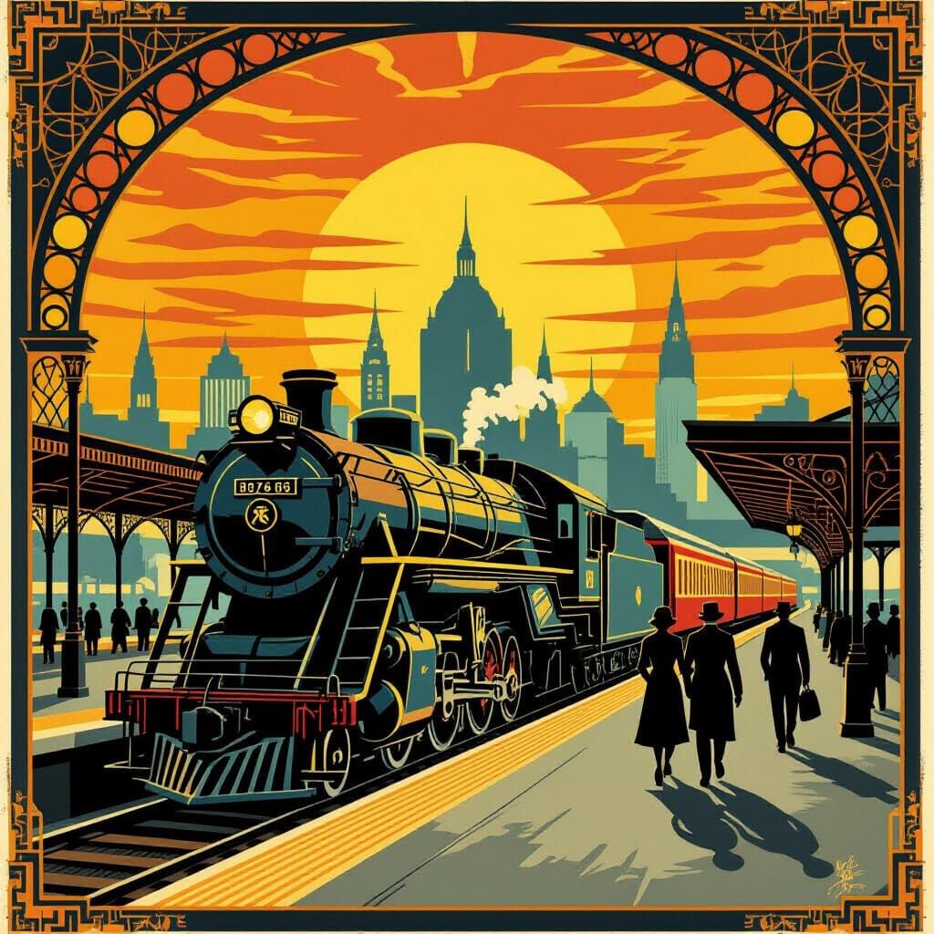 Art Deco Train Station at Sunset in Printmaking Style