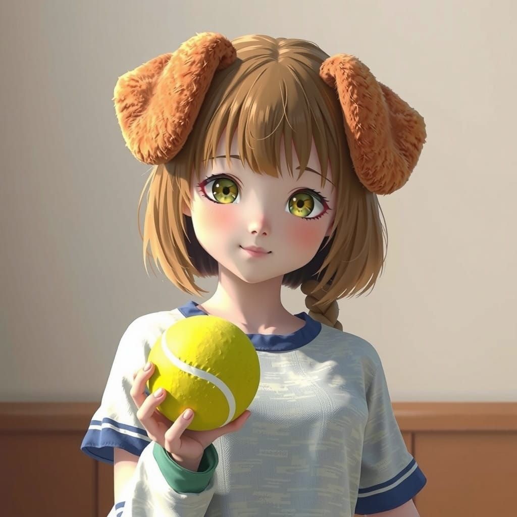 Anime Girl with Floppy Ears Holding Tennis Ball in Vibrant S...