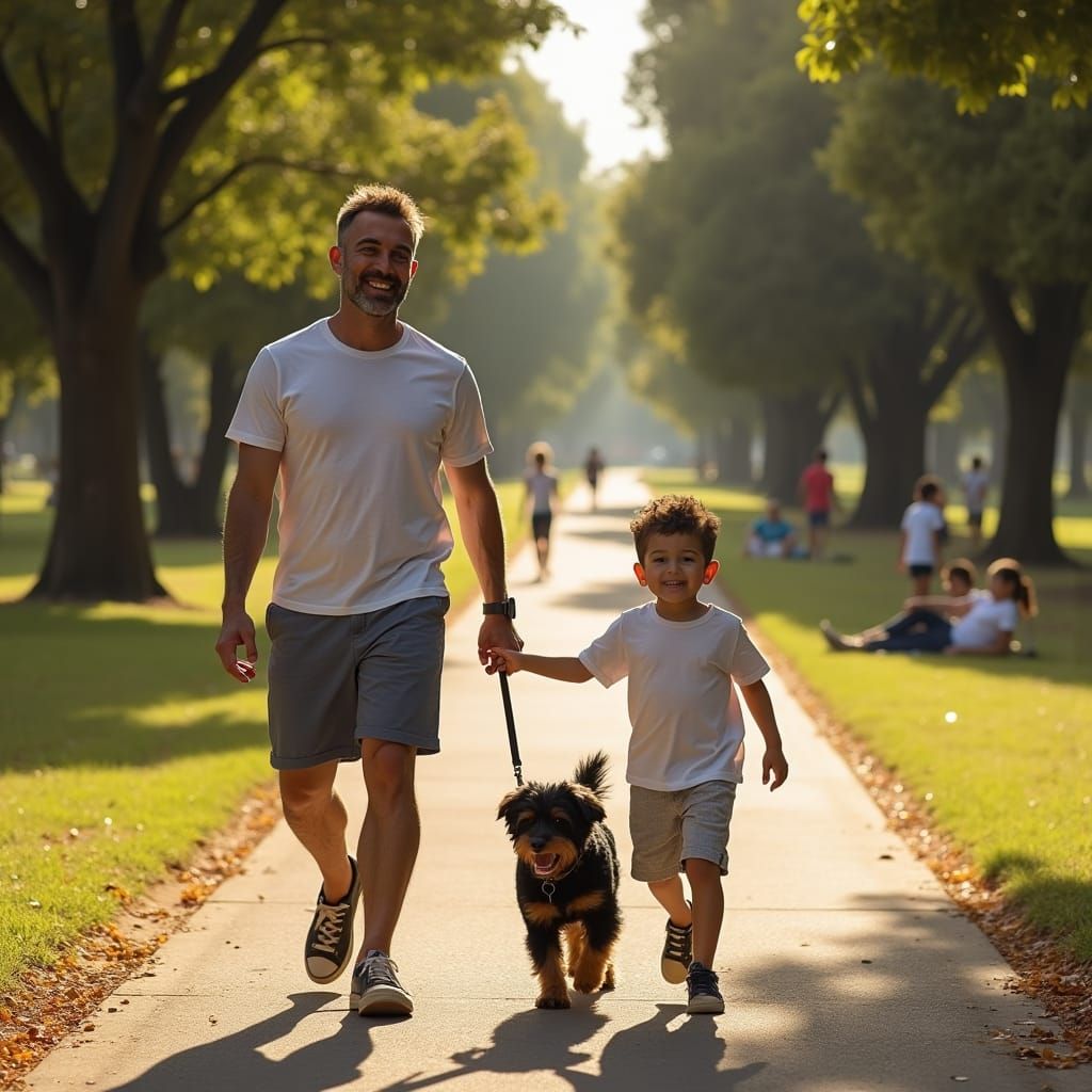 Father, Son, and Dog in Sunny Park, Impressionistic Style