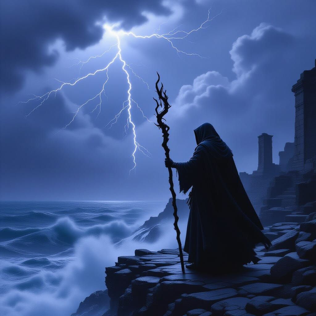 Cloaked Figure on Cliff Overlooking Stormy Sea