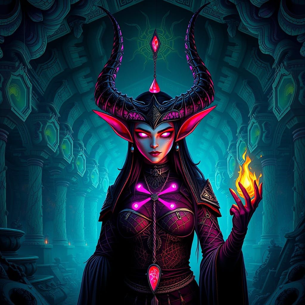Drow Priestess in Underdark City, Neon Digital Art