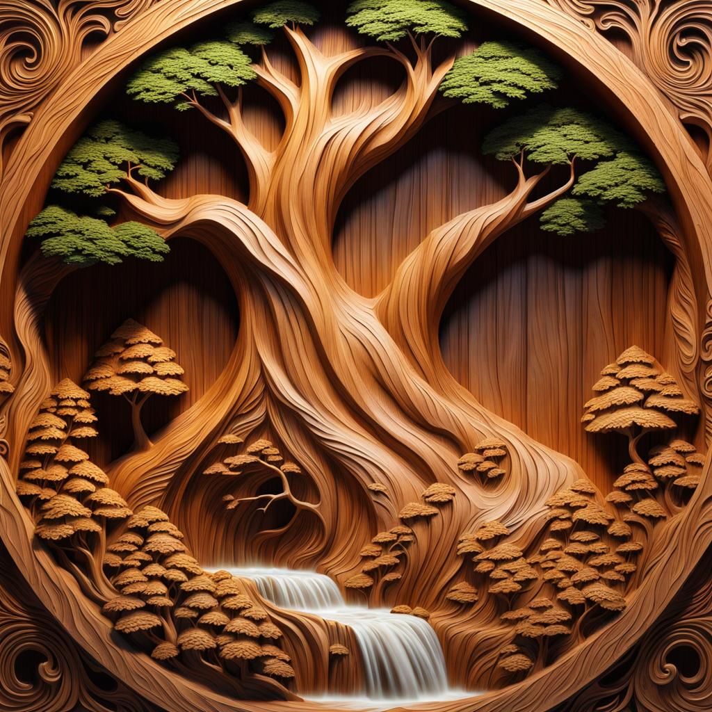 Detailed Wood Carving of a Magical Forest Tree