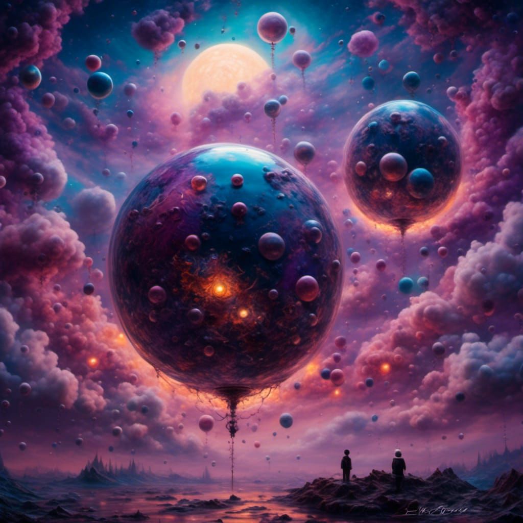 Glowing Orbs in Starry Sky: Surreal Oil Painting