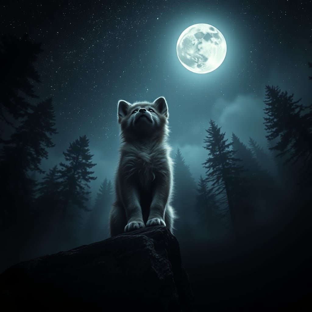 Wolf Cub Under Starry Night Sky