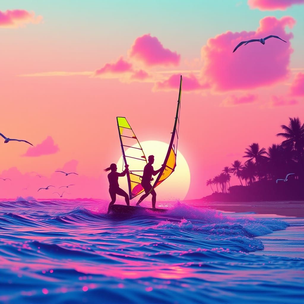 Windsurfers at Sunset: Vaporwave Synthwave Beach Scene