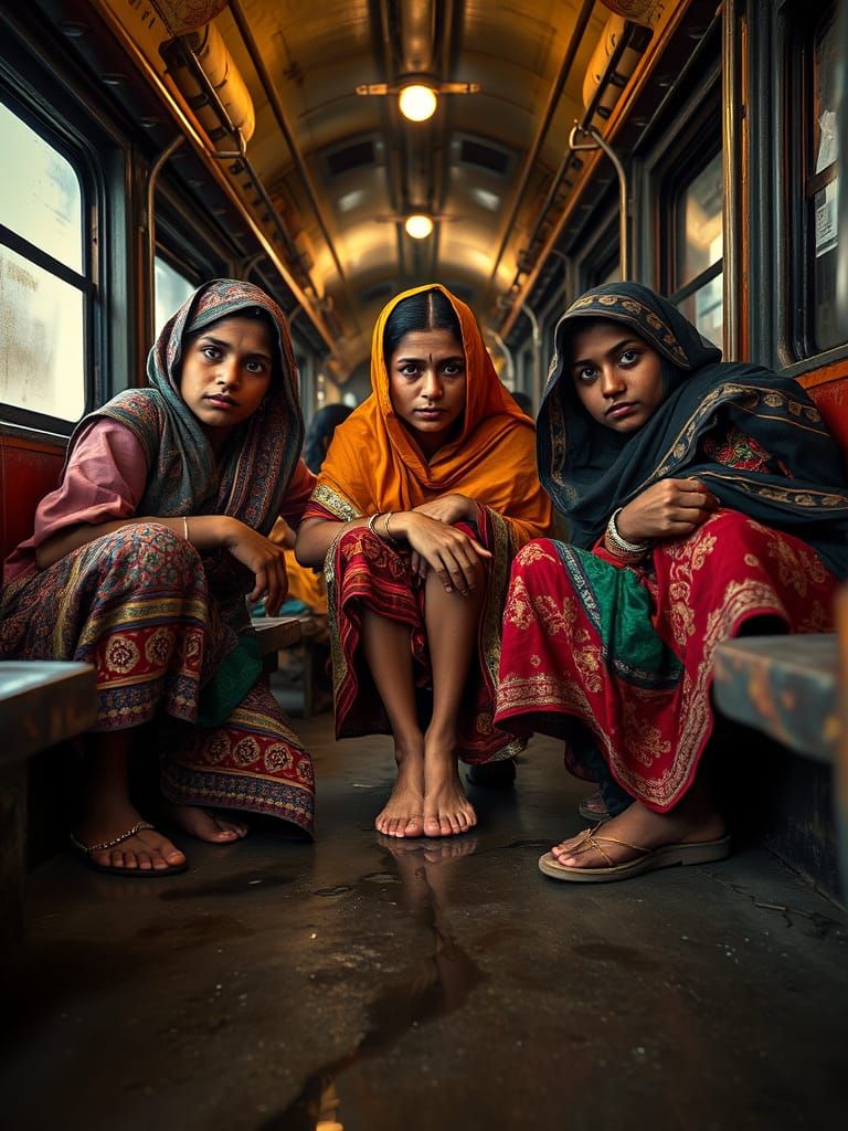 Young Women in a Crowded Train Carriage