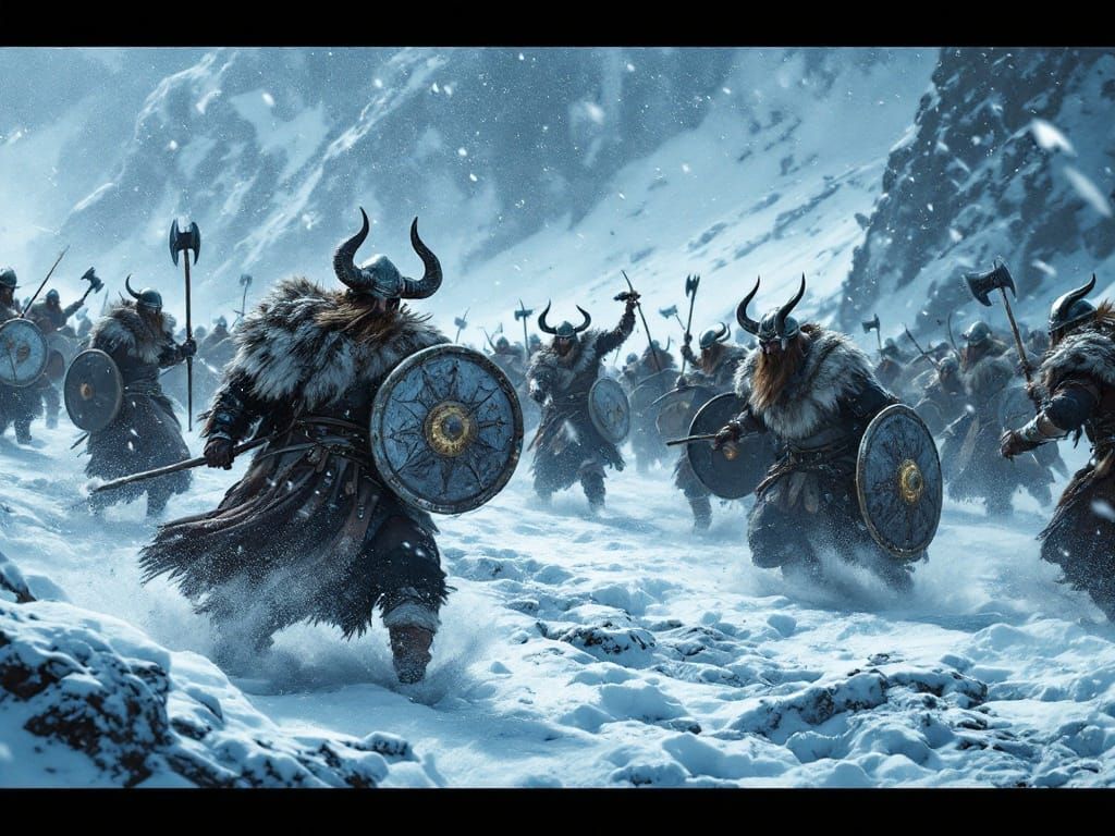 Viking Warriors Clash in Snowy Nordic Landscape