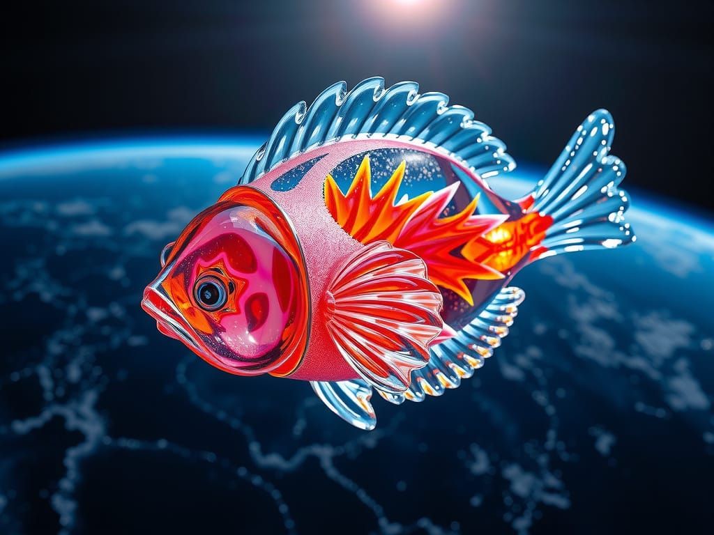 Glass Pufferfish in Space, Hyperrealistic Style
