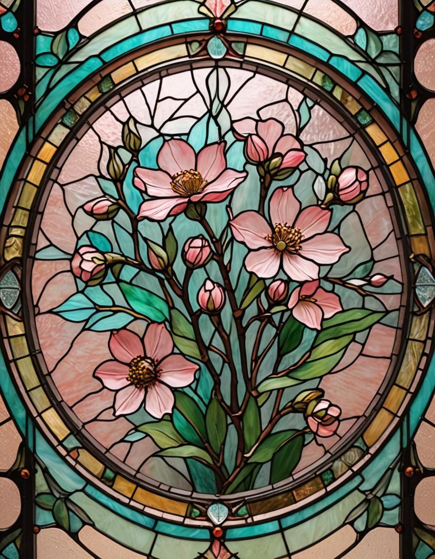 Pink Almond Flower in Stained Glass Art Nouveau