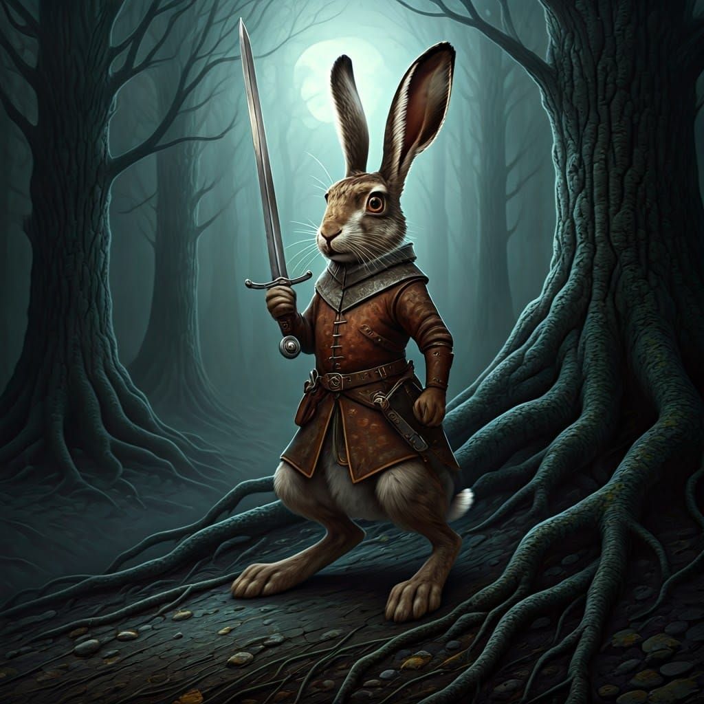 Majestic Hare in Medieval Armor Wields Ancient Sword under M...