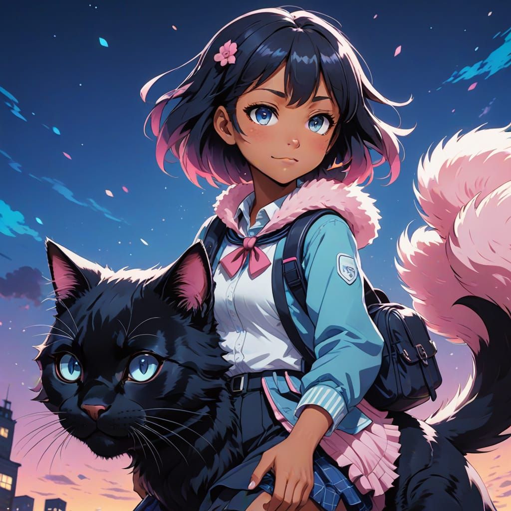 Anime Schoolgirl Rides Giant Cat: Manga Style