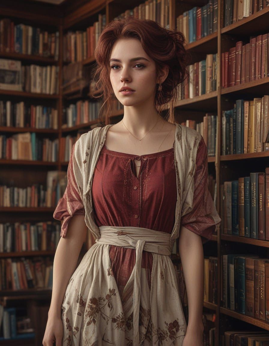Enchanting Alsatian Woman in Art Nouveau-Inspired Library