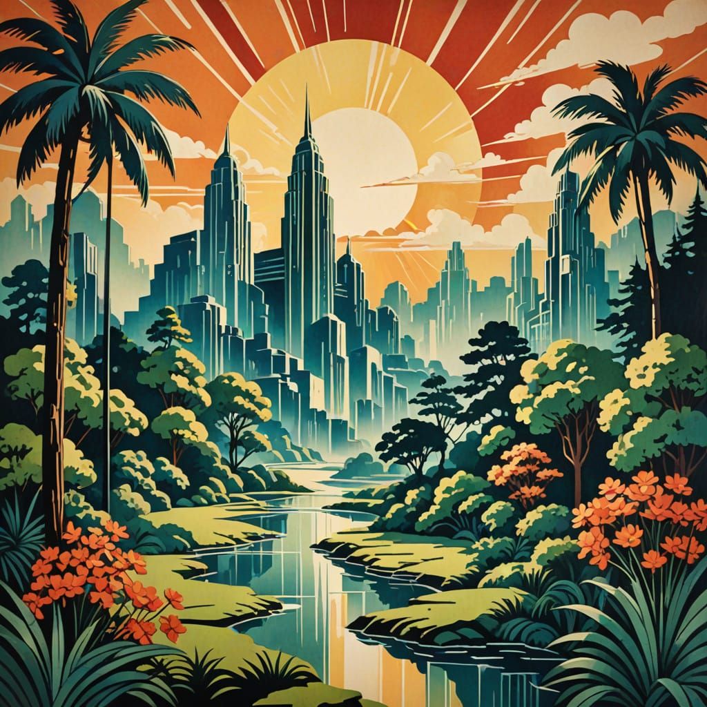 Pre raphellite art deco scenery abstract