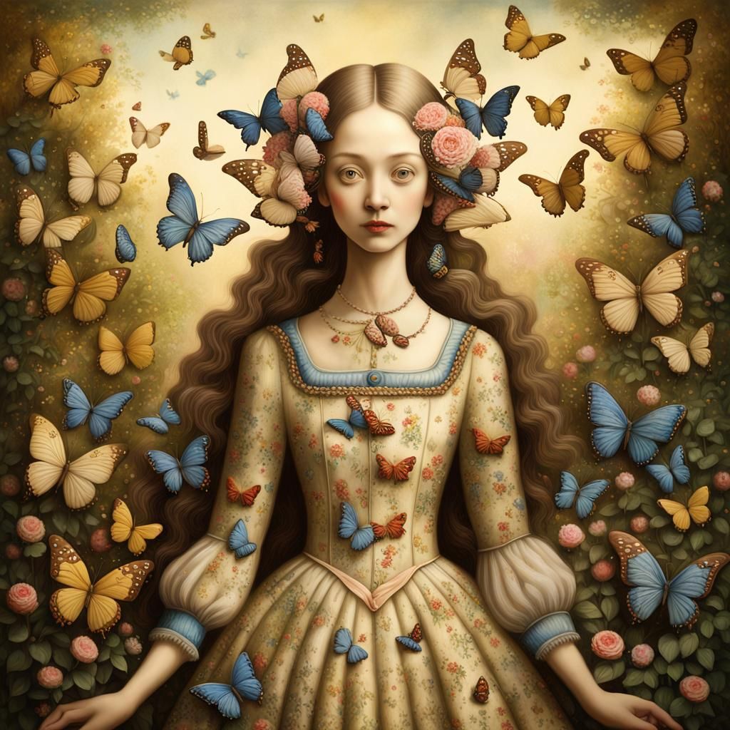 Whimsical Renaissance Portrait of Lady with Butterflies