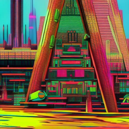 Futuristic Indigenous Cityscape in Steampunk Synthwave Style
