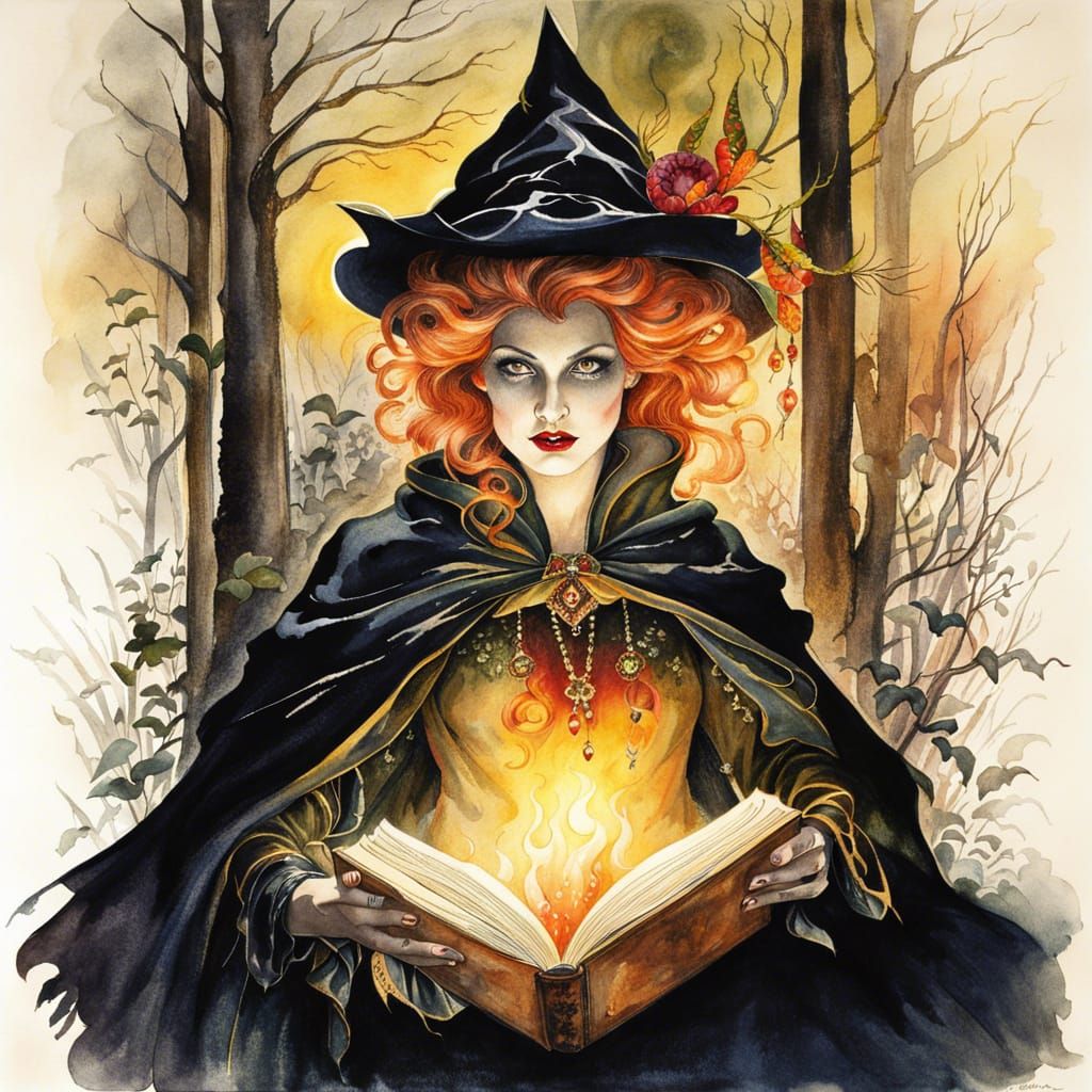 Evil Witch in Enchanted Forest: Watercolor Illustration