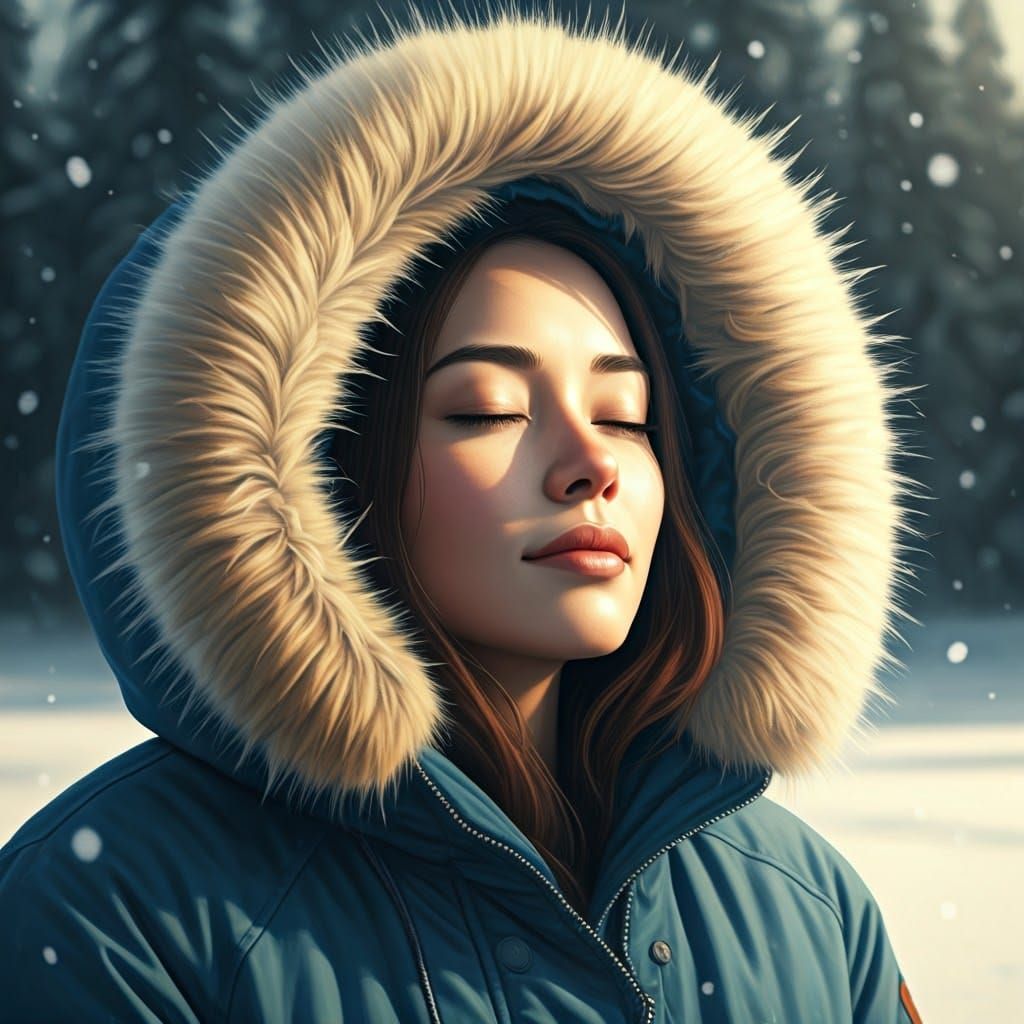 Serenely Clothed Woman in Snowy Landscape