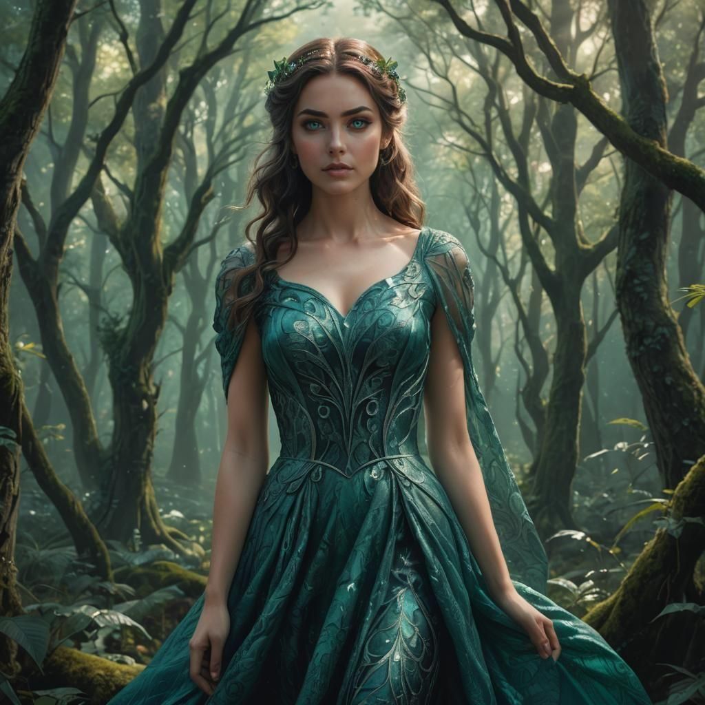 Beautiful Woman with Cat Eyes in Teal Dress