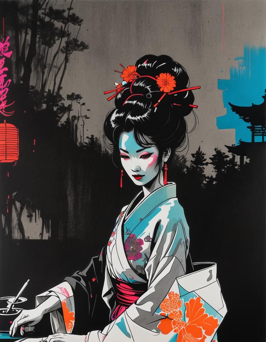 Geisha Girl in Loose Kimono: 1980s Synthwave Ink Drawing