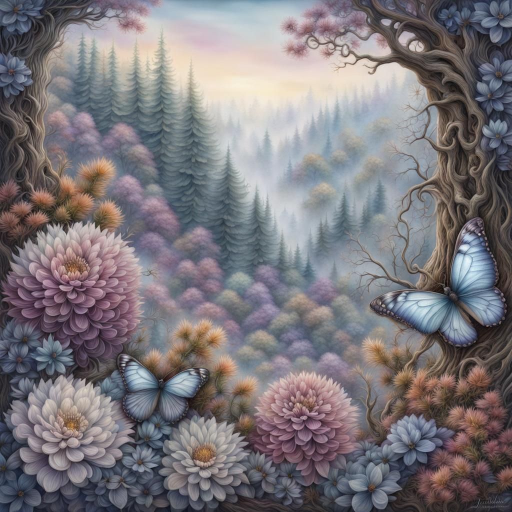 Bug's-Eye View of Autumn Forest in Decoupage Style