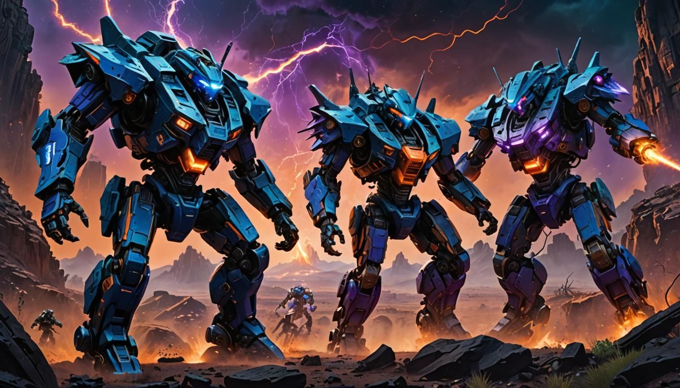 Mecha Duel on Alien Planet in Matte Painting Style