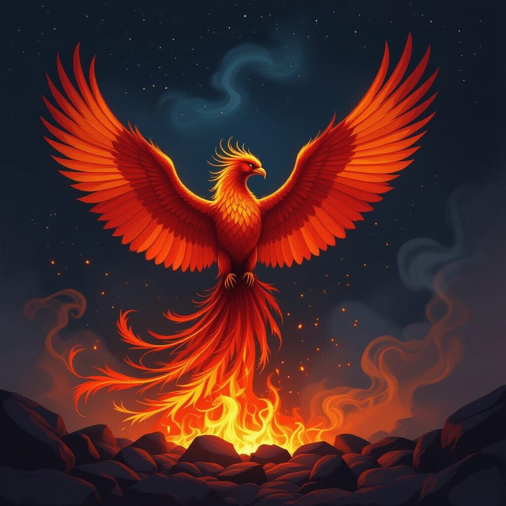 Majestic Phoenix Rises from Embers in Fiery Fantasy Art