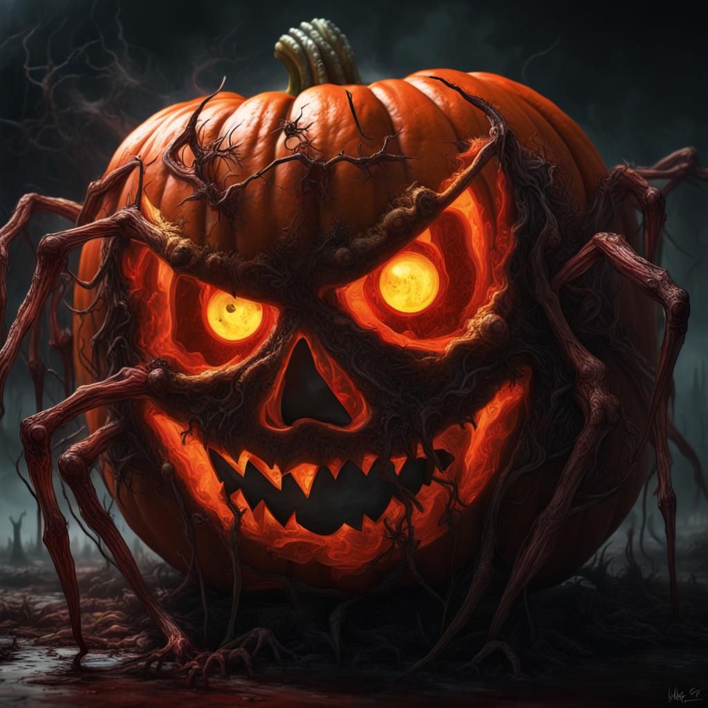 Scary Jack-O-Lantern with Spiders in Surrealist Style