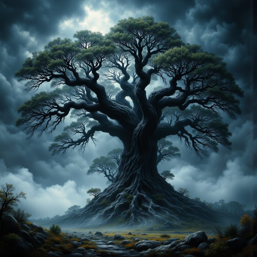 Dramatic Silhouette of Ancient Tree in Storm