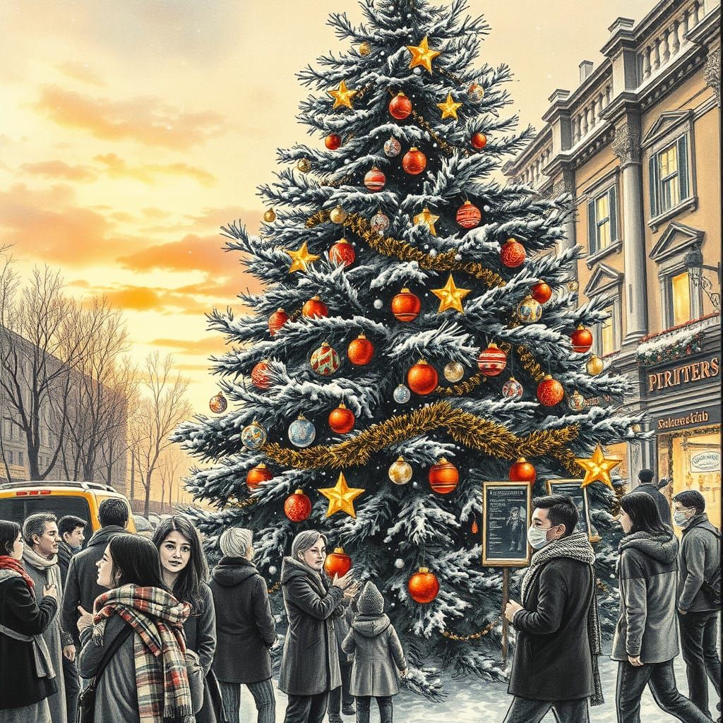 Winter Celebration beneath the Evening Sky's Golden Glow