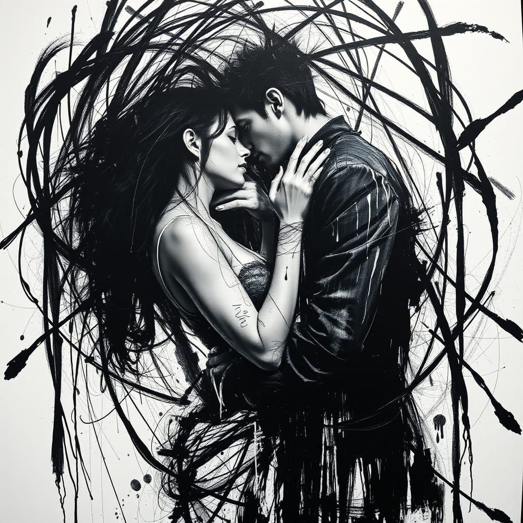 Abstract Expressionist Lovers Embrace in Film Noir Style