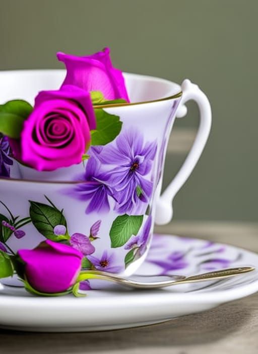 Tiny Elephant in Teacup with Roses: Hyperrealistic Photo