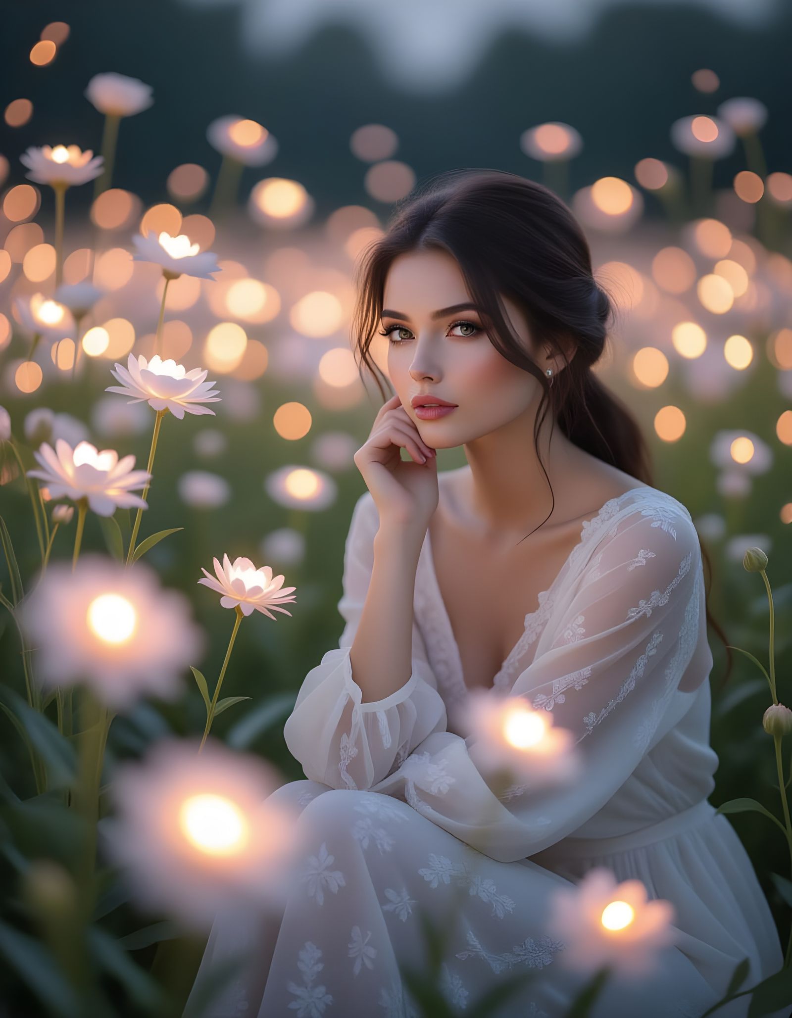 Ethereal Woman Contemplating Luminous Flowers