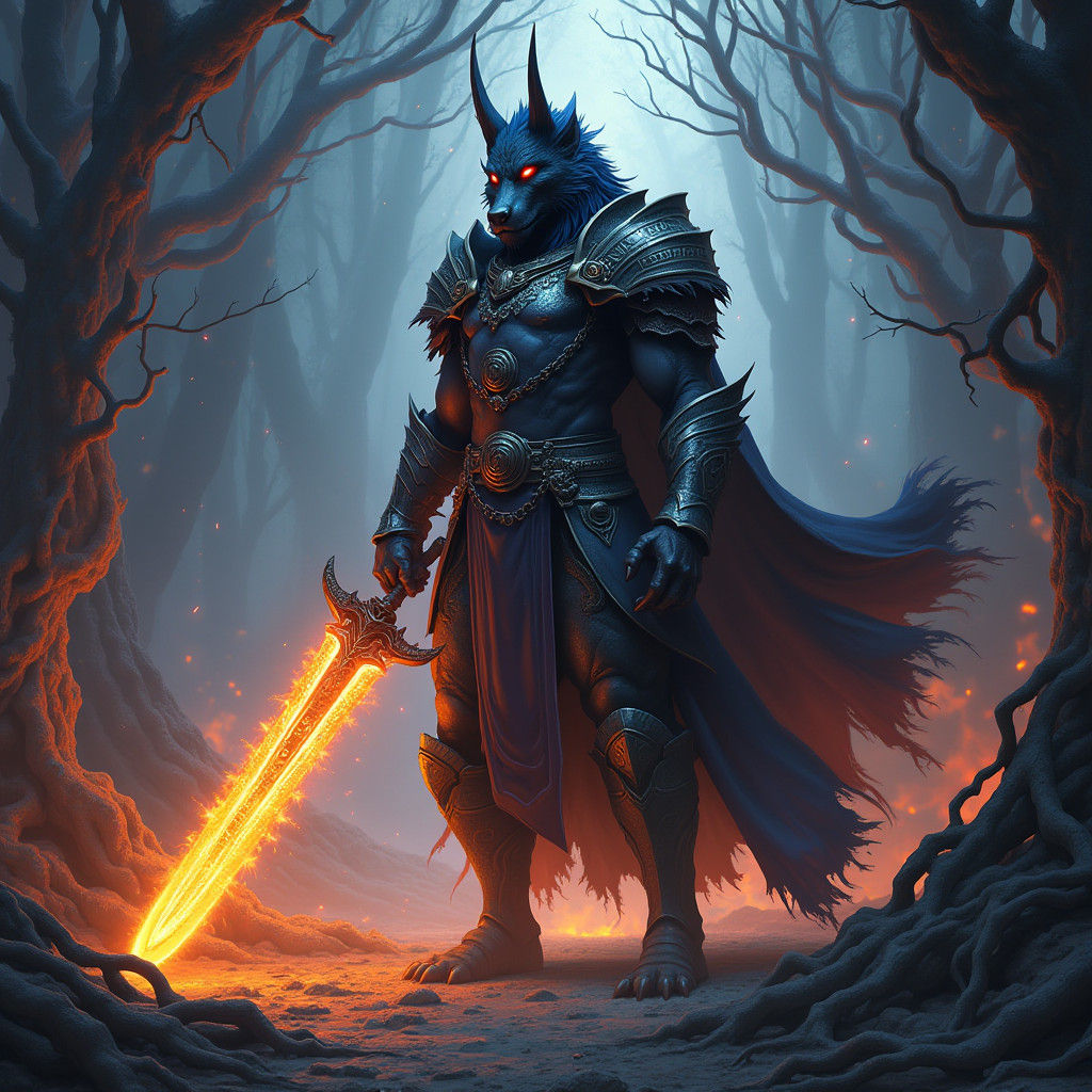 Regal Demon Wolf Warrior in Fiery Realm