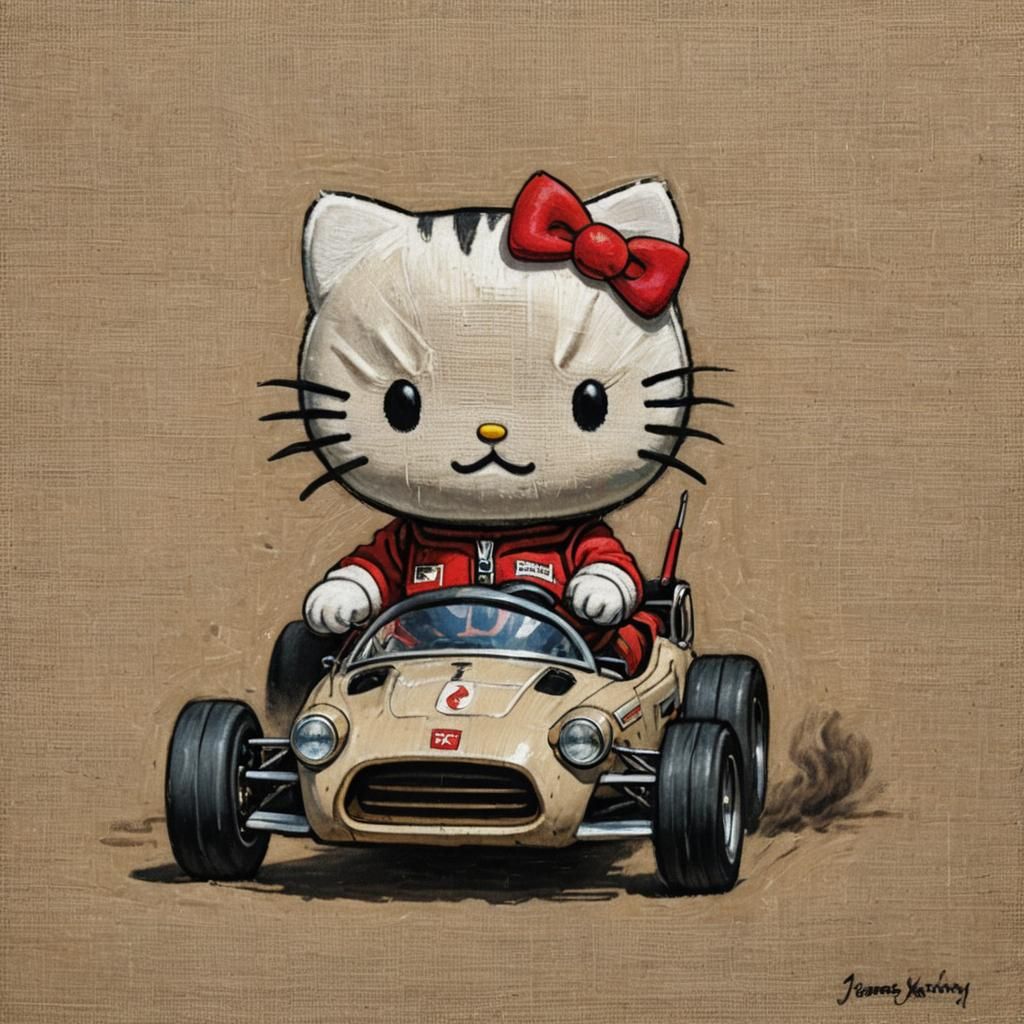 Hello Kitty as Racing Driver, Cartoon Sketch