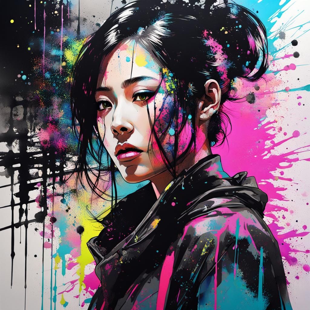 Ink Splatter Portrait in Cyberpunk Neon City