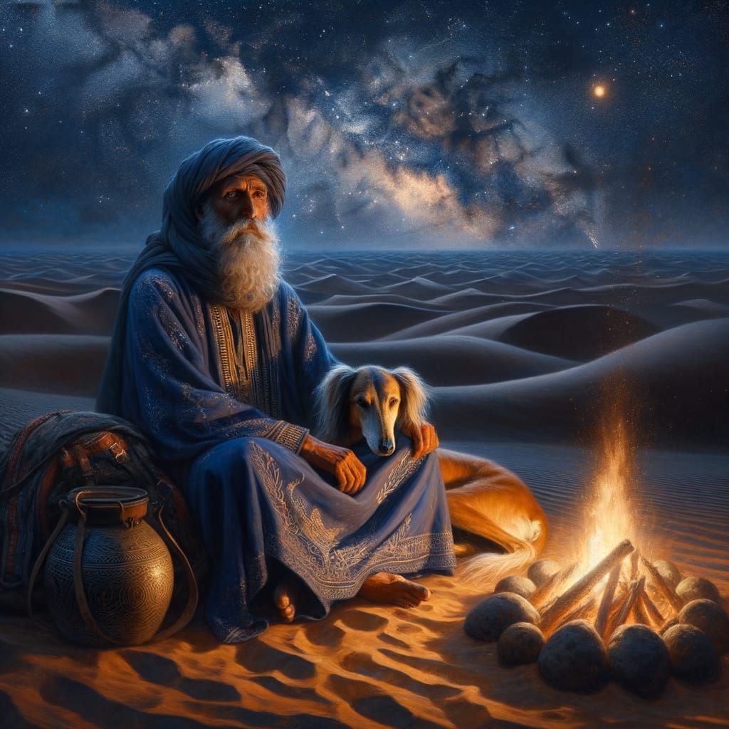 Tuareg Man and Dog in Sahara Desert Oil Painting